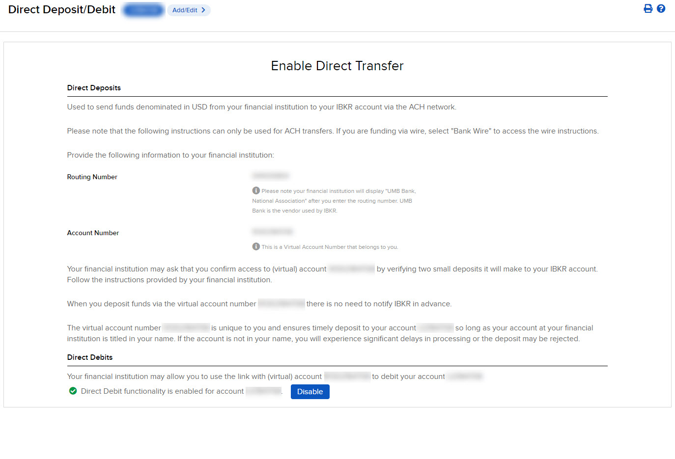 The direct deposit/debit panel in portal. 
